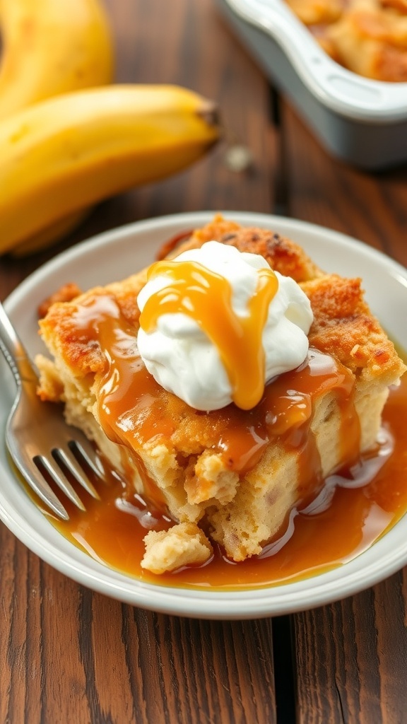 A warm banana bread pudding topped with caramel sauce and whipped cream on a rustic table.